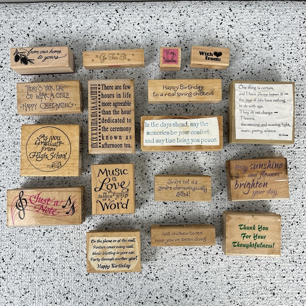 Vintage Rubber Stamp Lot 17 Pc Words Sayings‎ Phrases Crafting Paper Art